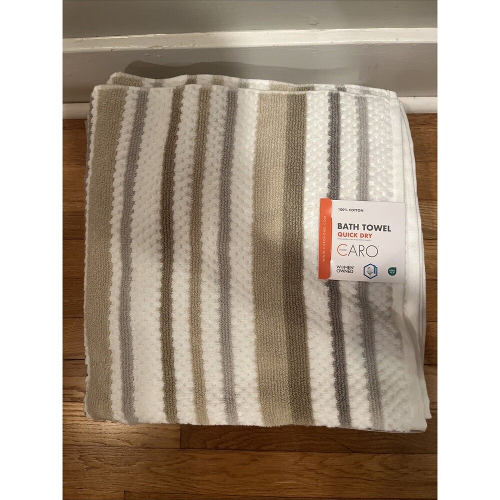 Caro Home Bath Towel Set Of 3 -White Gray Tan Stripe Plush - Quick Dry- NEW